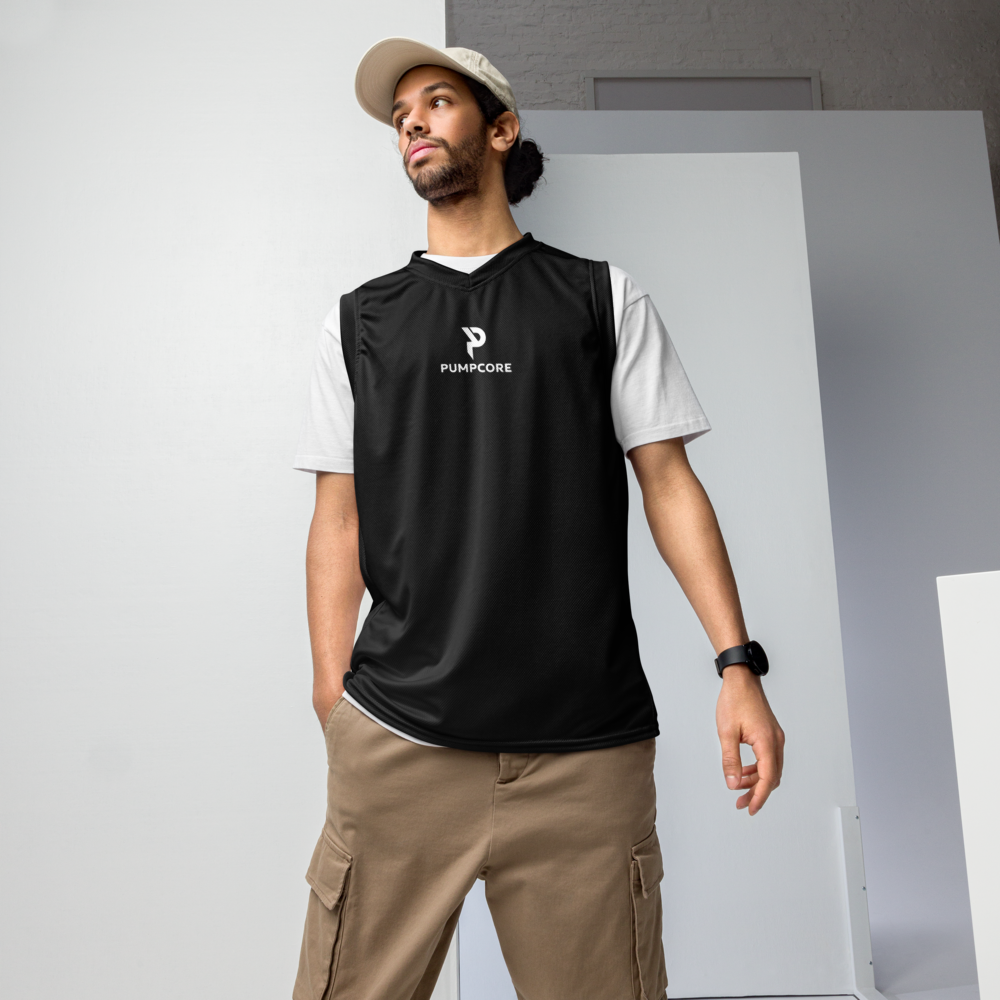 Pumpcore ProFit™ Recycled Basketball Jersey — Bold Black | White Logo